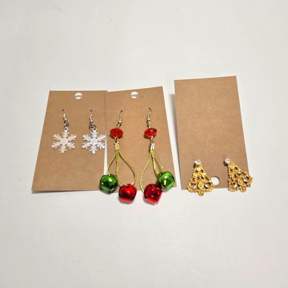 Holiday Winter Earring Set Goldtone Trees White Sparkle Snowflakes Jingle Bells